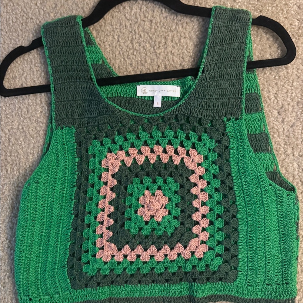 Corey Lynn Calter Green and Pink Crochet Sweater Vest